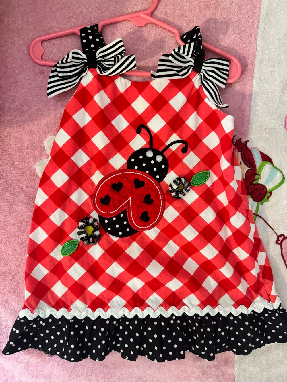 Sweet Heart Rose Red Gingham Ladybug Dress with Black Polka Dot Trim